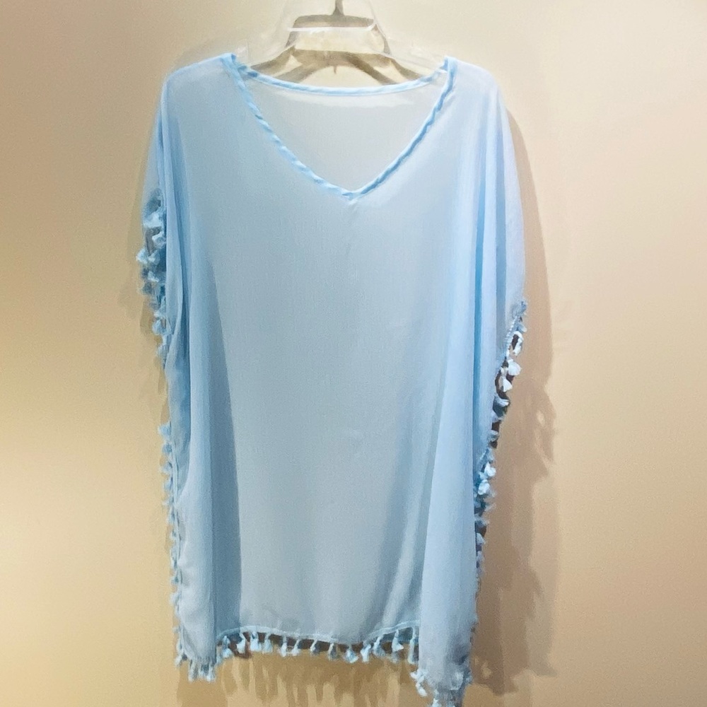 🌟2xHP🌟NWOT Blue Chiffon Pom Pom Tunic Boho Coverup